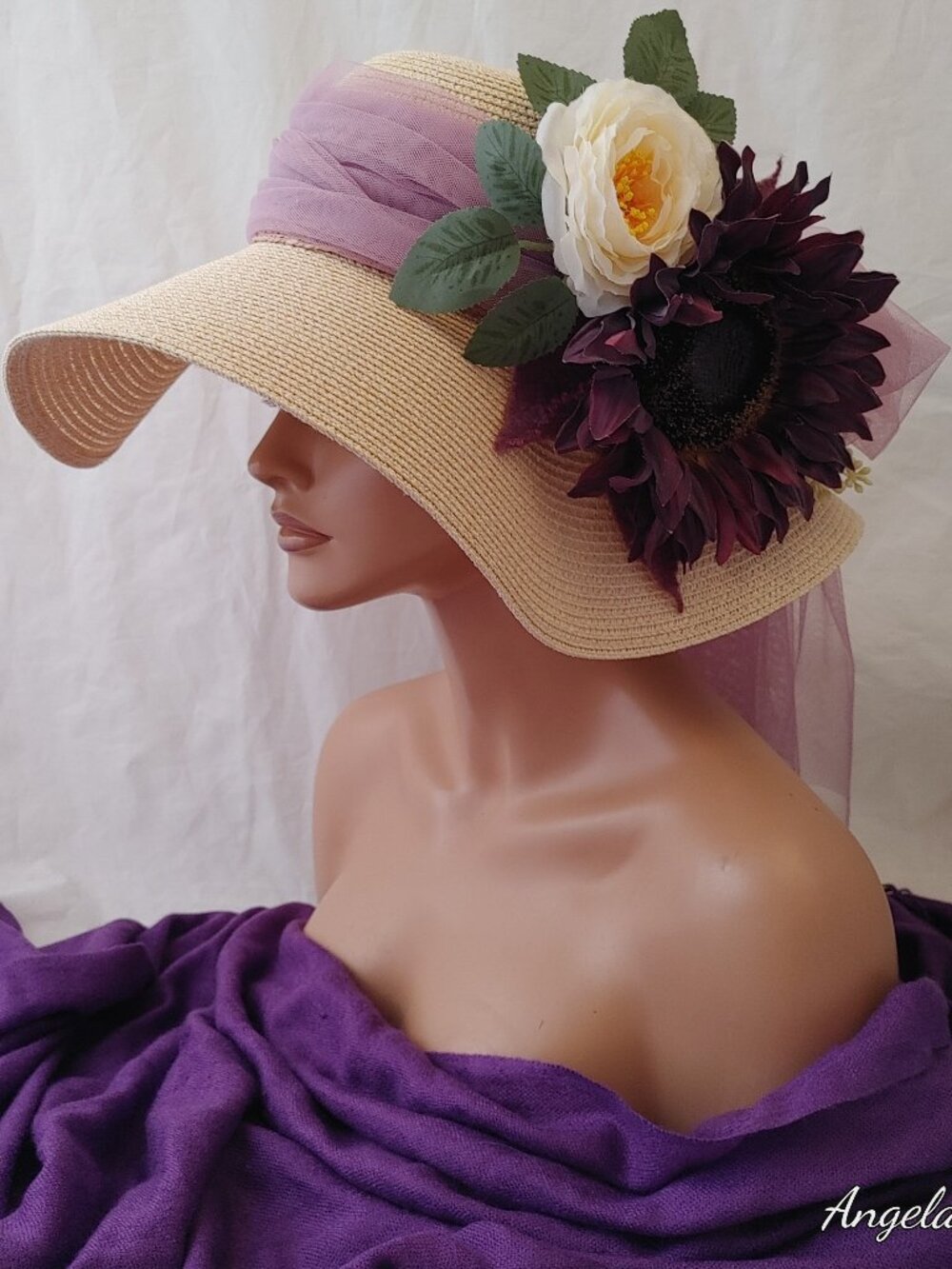 Vintage Upcycled Wide Brim Straw Sun Hat w/ Tulle Sash & Floral Brooch